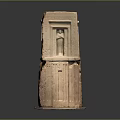 Stone Structure With Carved Door Window Stacked Layers And Wooden Base Platform