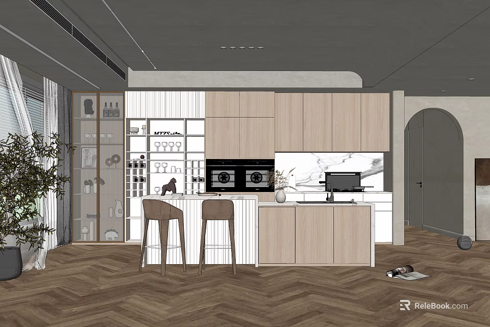 Modern Kitchen Interior With Island Bar Stools Glass Cabinets And Herringbone Floors 3d model 