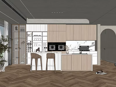 Modern Kitchen Interior With Island Bar Stools Glass Cabinets And Herringbone Floors 3d model