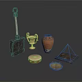 Handcrafted Sculpting Tools and Artisanal Ceramic Vase with Metal Trophy and Carved Drum
