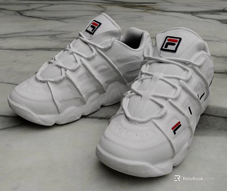 White FILA Lace Up Sneakers With Brand Logo And Red Blue Stripe Details 3d model 