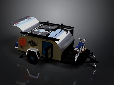 Modern Camper Trailer With Motorcycle And Solar Panels On Roof 3d model