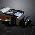 Modern Camper Trailer With Motorcycle And Solar Panels On Roof