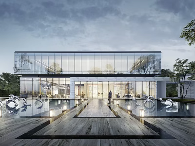 Modern Sales Office Building With Glass Curtain Walls Reflective Pool And Wooden Walkway 3d model