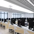 Modern School Computer Classroom Interior With Desks Computers And Lights 3d model
