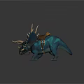 Blue Horned Spiked Back Creature With Saddle And Rolled Blanket As Riding Mount For Adventurers