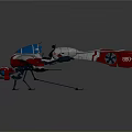 Futuristic Red Silver Blue Drone With Propellers Mechanical Arms And 001 Marking