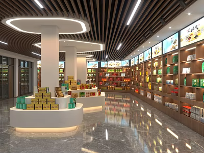 Modern Specialty Store Interior With Shelves Displaying Diverse Products Bright Lighting And Open Layout 3d model