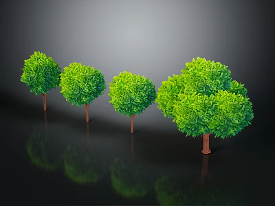 Green Leafy Trees In Row With Brown Trunks Against Dark Background And Ground Reflections 3d model
