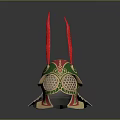 Medieval Ornate Weapon Helmet With Green Red And Gold Accents And Intricate Horns