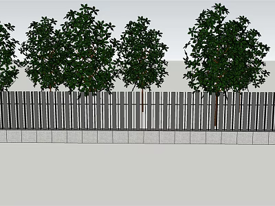 Modern Building Exterior Wall With Vertical Slats Fence And Green Trees 3d model