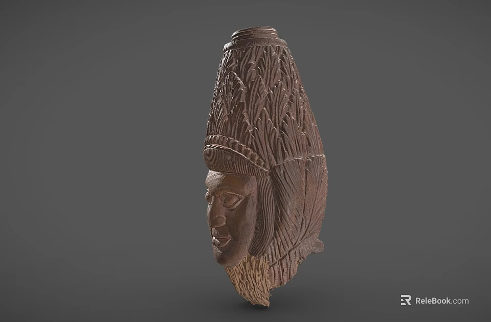 Intricate Wooden Human Head Sculpture Carving With Feather Headdress Design Details 3d model 