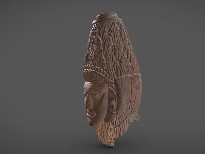 Intricate Wooden Human Head Sculpture Carving With Feather Headdress Design Details 3d model
