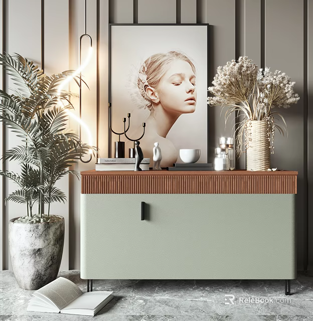 Stylish Entryway Cabinet Sideboard with Light Green Body Wooden Top and Decorative Vase Potted Plant 3d model 