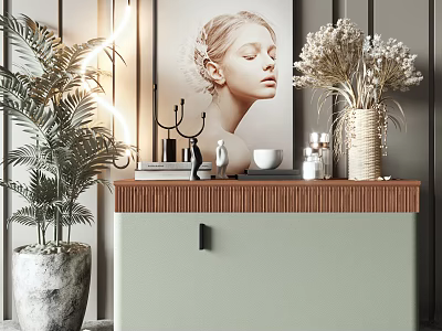 Stylish Entryway Cabinet Sideboard with Light Green Body Wooden Top and Decorative Vase Potted Plant 3d model