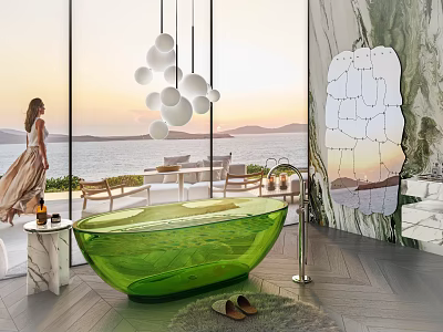 Green Transparent Bathtub With Sea View Floor To Ceiling Windows Pendant Lights And Marble Wall 3d model