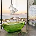 Green Transparent Bathtub With Sea View Floor To Ceiling Windows Pendant Lights And Marble Wall
