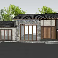 Traditional Chinese Courtyard House With Stone Walls Wooden Windows Black Tile Roof And Green Trees