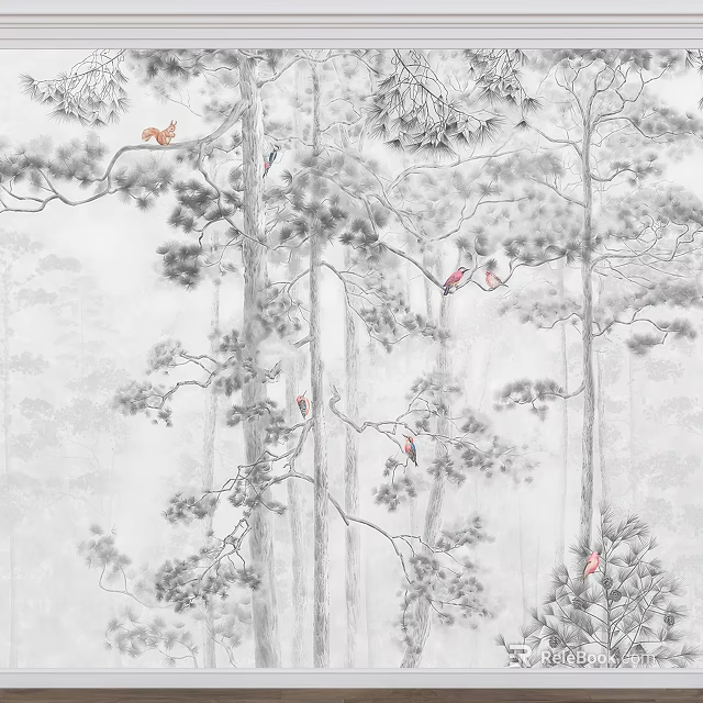 Traditional Ink Painting Artwork Featuring Pine Trees And Colorful Birds On Branches 3d model 