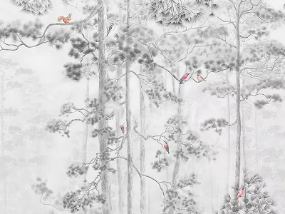 Traditional Ink Painting Artwork Featuring Pine Trees And Colorful Birds On Branches 3d model