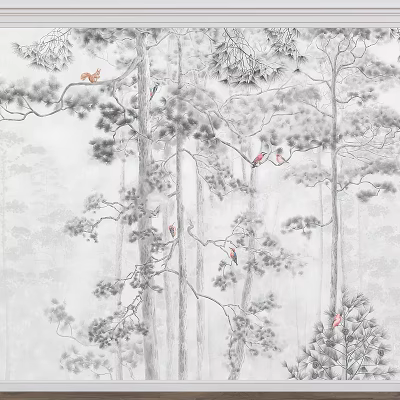 Traditional Ink Painting Artwork Featuring Pine Trees And Colorful Birds On Branches 3d model