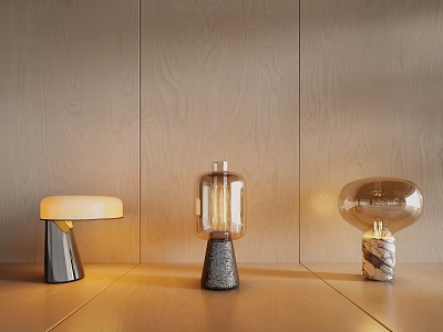 Diverse Design Table Lamps On Wooden Table With Light Wood Wall Background Featuring Glass Marble Textured Bases 3d model