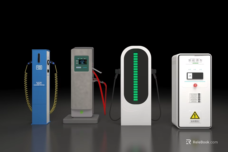 Public Facilities Modern Electric Vehicle Charging Stations With Various Designs Screens And Cables 3d model 
