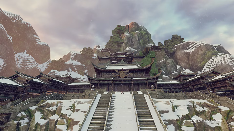 Cartoon Scene Featuring Chinese Ancient Architecture Snowy Mountains Rocky Cliffs and Snow Covered Steps 3d model 