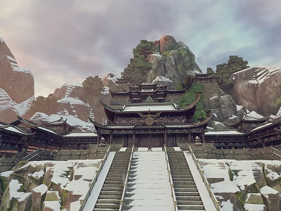 Cartoon Scene Featuring Chinese Ancient Architecture Snowy Mountains Rocky Cliffs and Snow Covered Steps 3d model