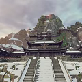 Cartoon Scene Featuring Chinese Ancient Architecture Snowy Mountains Rocky Cliffs and Snow Covered Steps