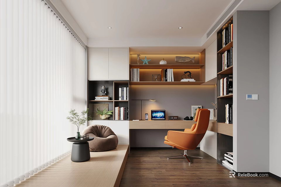 Modern Study Room Interior Design With Bookshelves Desk Computer Orange Chair And Window Blinds 3d model 