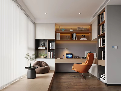 Modern Study Room Interior Design With Bookshelves Desk Computer Orange Chair And Window Blinds 3d model