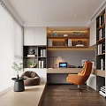 Modern Study Room Interior Design With Bookshelves Desk Computer Orange Chair And Window Blinds