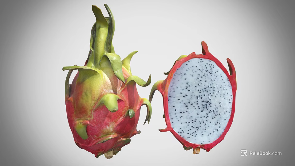 Fresh Dragon Fruit Whole and Halved Displaying White Flesh with Black Seeds 3d model 