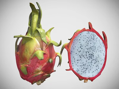 Fresh Dragon Fruit Whole and Halved Displaying White Flesh with Black Seeds 3d model