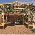 Garden Courtyard with Wooden Pergola Climbing Pink Red Flowers Built in Benches and Wooden Deck