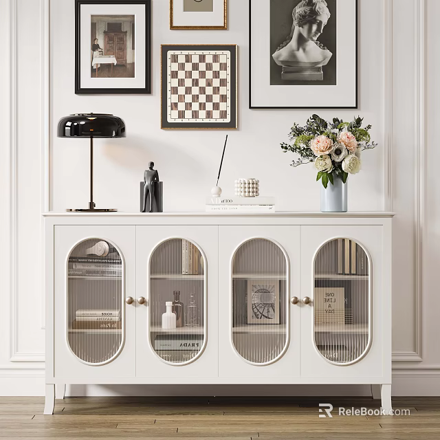 White Console Table with Glass Doors Decorated with Table Lamp Flower Vase and Wall Art 3d model 