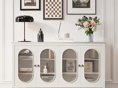 White Console Table with Glass Doors Decorated with Table Lamp Flower Vase and Wall Art 3d model