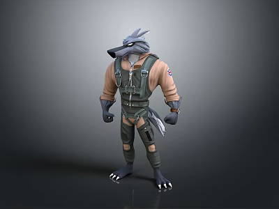 Anthropomorphic Wolf Character in Green Overalls with Brown Sleeves and Sharp Claws 3d model