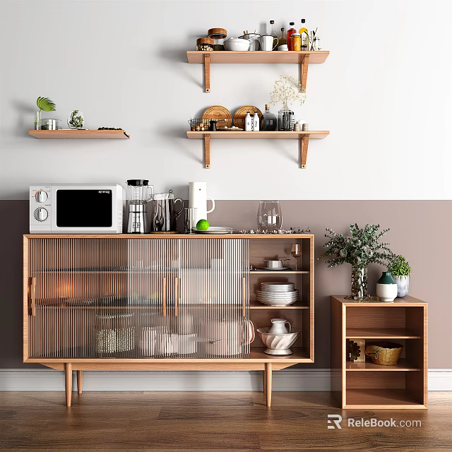 Wooden Sideboard In Modern Dining Room With Microwave Kettle Glassware Shelves And Potted Plants 3d model 