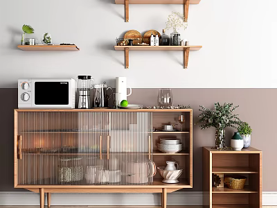 Wooden Sideboard In Modern Dining Room With Microwave Kettle Glassware Shelves And Potted Plants 3d model