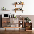 Wooden Sideboard In Modern Dining Room With Microwave Kettle Glassware Shelves And Potted Plants