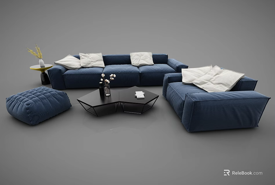Modern Blue Sofa Coffee Table Set With White Cushions Black Ottoman And Decorative Items 3d model