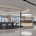 Modern Conference Room Featuring Round Glass Partition Conference Table Black Chairs Large Windows Marble Floor