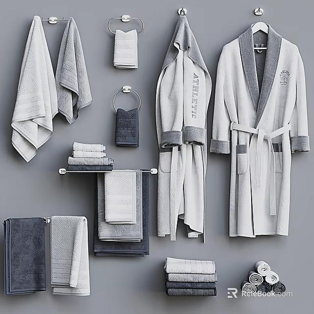Soft Modern Towels With Matching Bathrobes Hanging On Wall Rack In Bathroom 3d model 