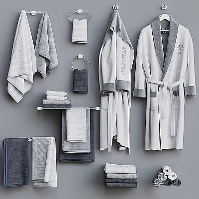 Soft Modern Towels With Matching Bathrobes Hanging On Wall Rack In Bathroom 3d model