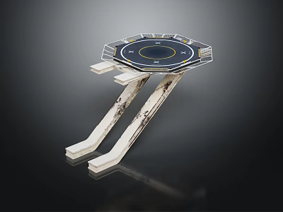 Artistic Modern Table With Circular Black Top Yellow Lines White Patterned Supports And Reflective Surface 3d model