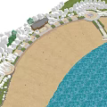 Waterfront Landscape Design With Sandy Beach Green Trees Pavilion And Walking Pathways 3d model