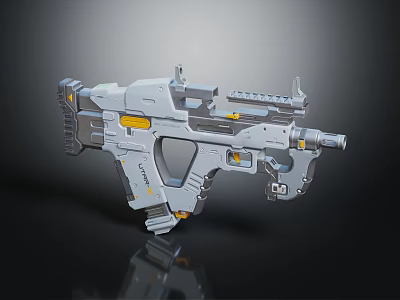 Futuristic Gray Tactical Rifle With Yellow Accents Rail System Scope And Ergonomic Grip Design 3d model
