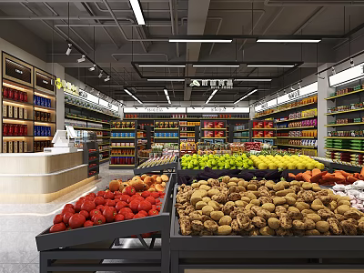Supermarket Grocery Interior With Fresh Fruits Vegetables Shelves And Checkout Counter 3d model